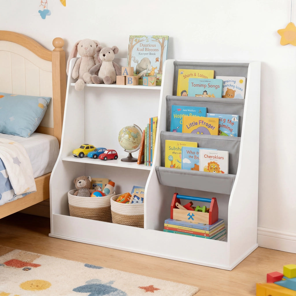 Libreria bambini organizzatore giocattoli legno 3 ripiani tasca tessuto-Libreria anti-ribaltamento sacca cubi stoccaggio sala giochi 80cm