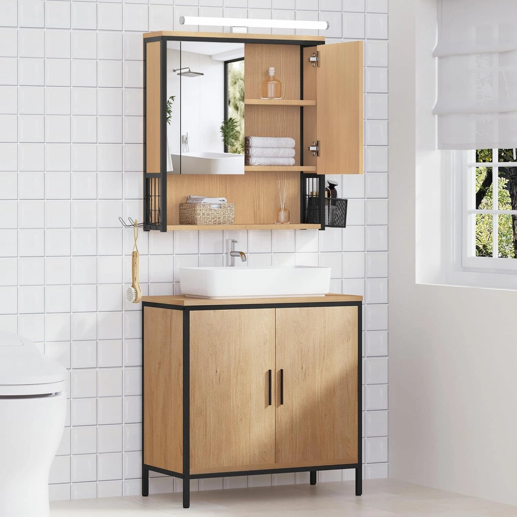 Specchio da Bagno con Contenitore e Luci, Pensile da Bagno con 2 Ante, 1 Scomparto Aperto e 2 Vani Chiusi, Ripiano Interno Regolabile, Nero + Rovere Chiaro, 56x14,5x60 cm