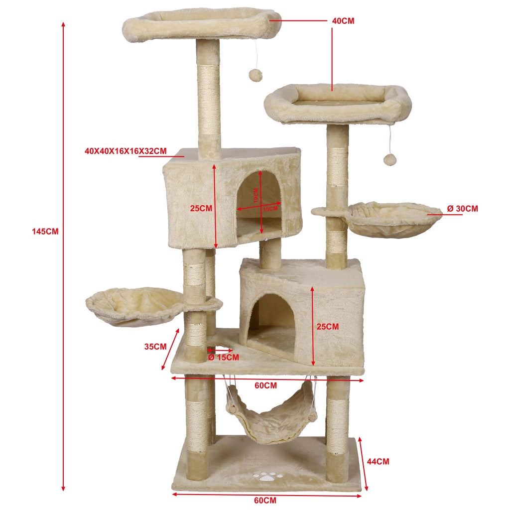 Albero tiragraffi beige con motivo a zampe 145cm Con amache, cucce per gatti e palline