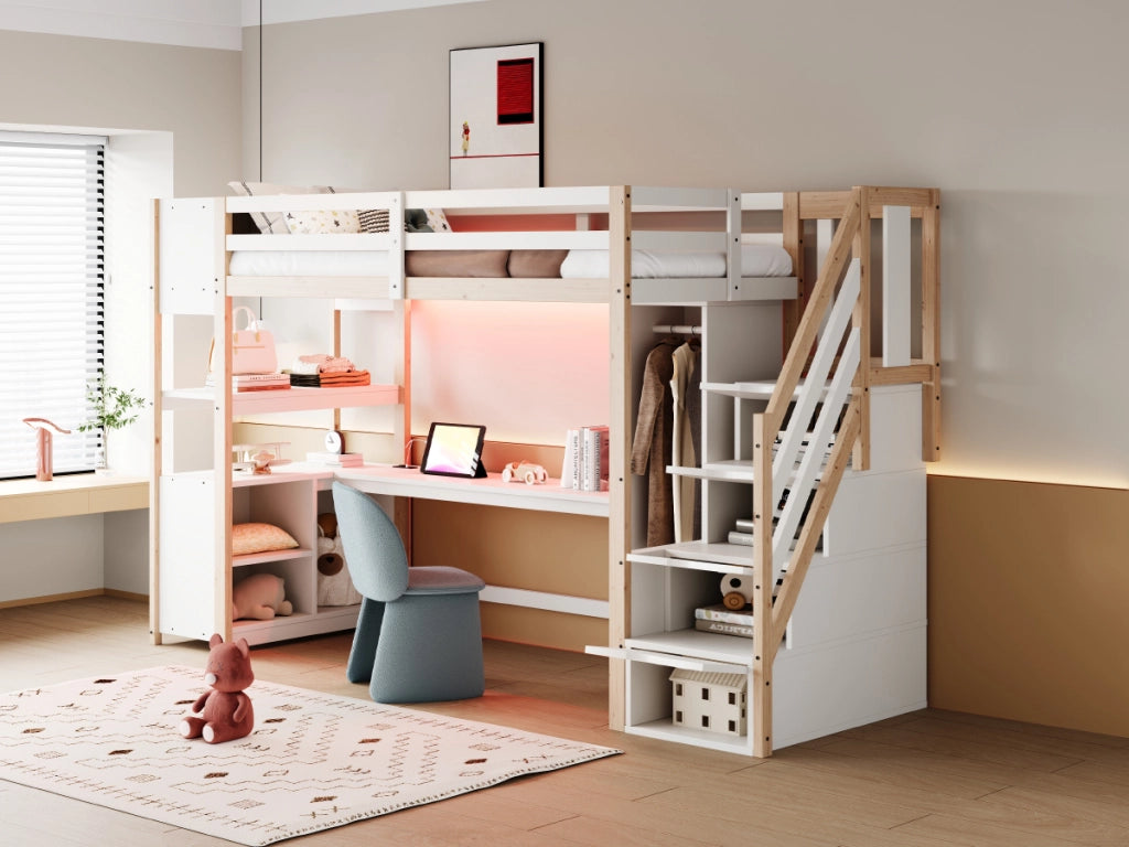 DESMIU Letto a soppalco singolo con scrivania, armadio, scala contenitore e LED, 90 × 200 cm, senza materasso