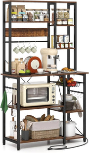 Scaffale da Cucina Salvaspazio, Scaffale a 6 Ripiani per Microonde con Stazione di Ricarica, Ganci a S e Cestino a Rete, Mobile da Cucina per Elettrodomestici, Pentole e Spezie