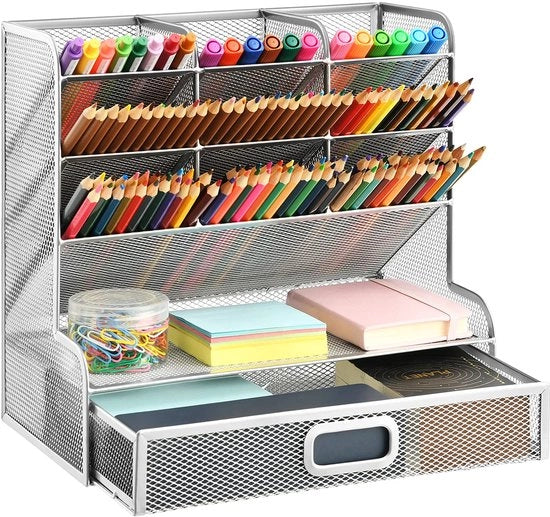 Organizzatore di Scrivania a Maglia, Penne multifunzionali, Organizzatore di Scrivania, Pannelli di Stoccaggio per Materiali di Scuola e Ufficio (Argento con Porta)