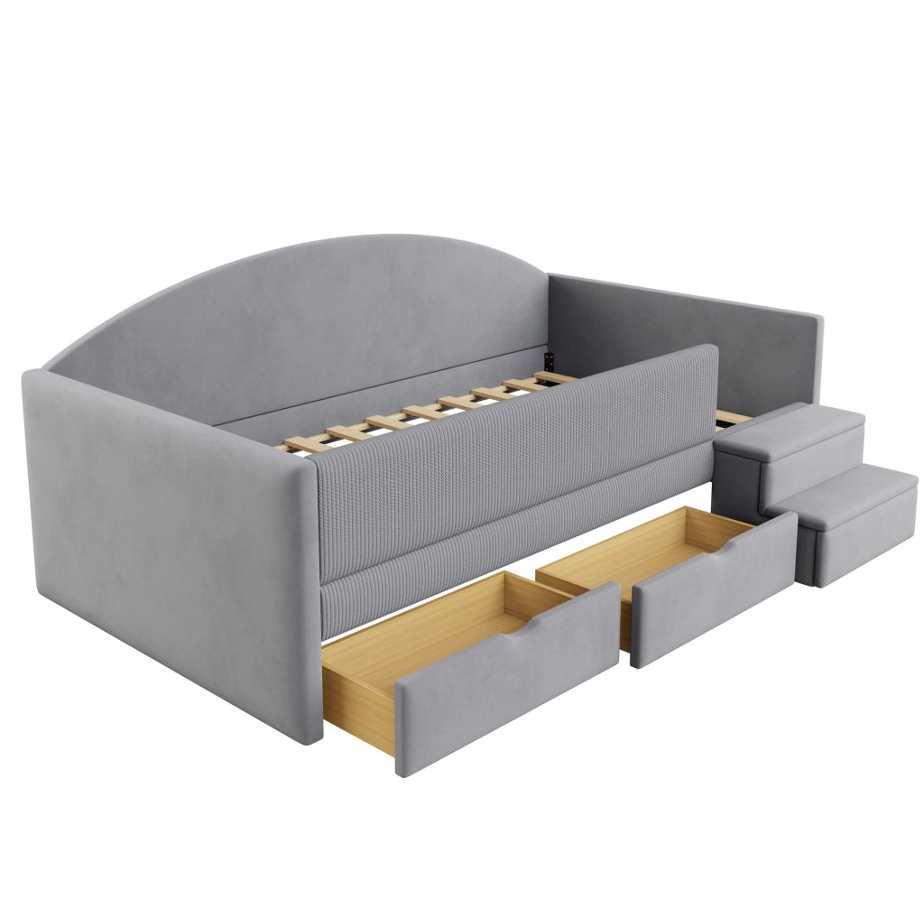Letto imbottito 90x190 cm con 2 cassetti, sponde protettive e gradini
