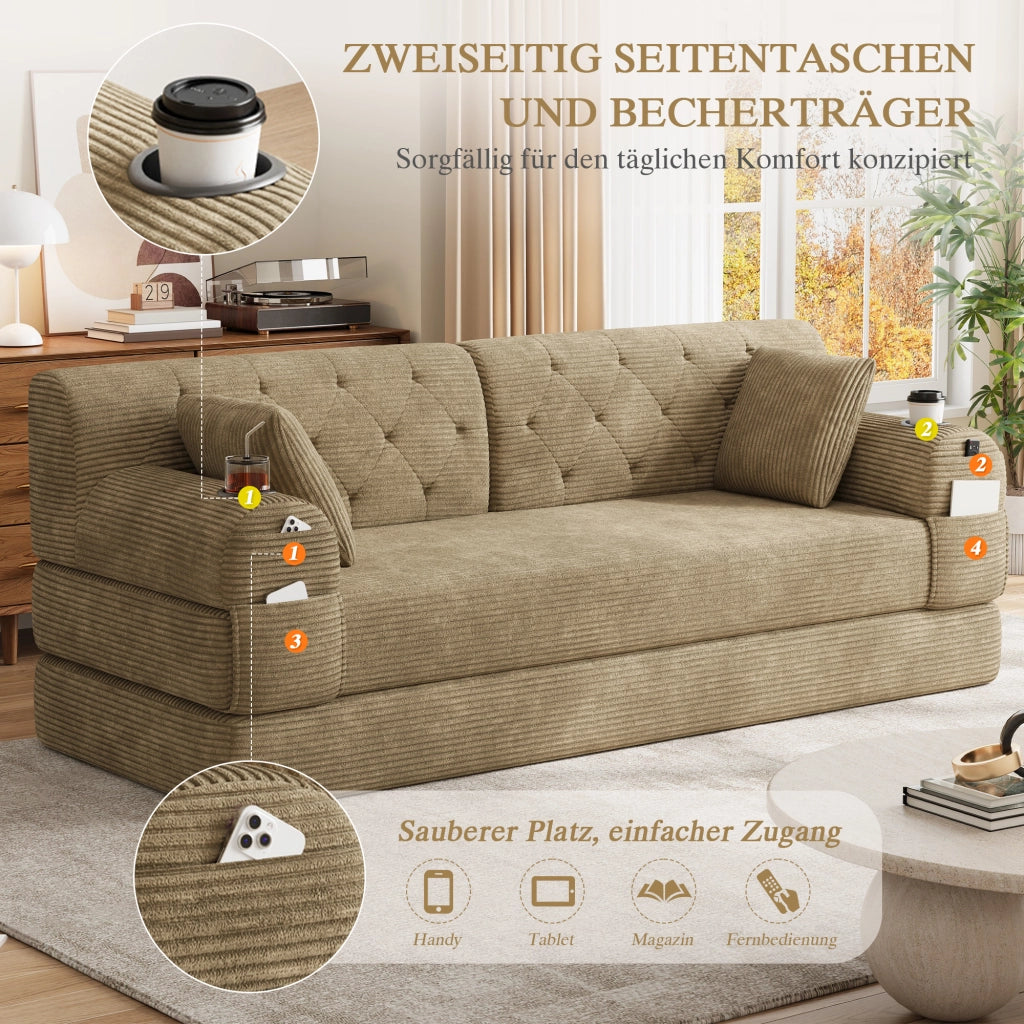 Divano letto compatto con schienale alto e 4 tasche laterali, portabicchieri, in tessuto corda cachi 208 × 80 × 81 cm
