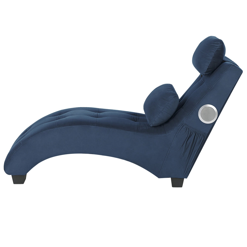 Chaise longue Velluto blu scuro Altoparlante Bluetooth integrato Caricabatterie USB Design moderno Divano curvo per 1 persona Soggiorno