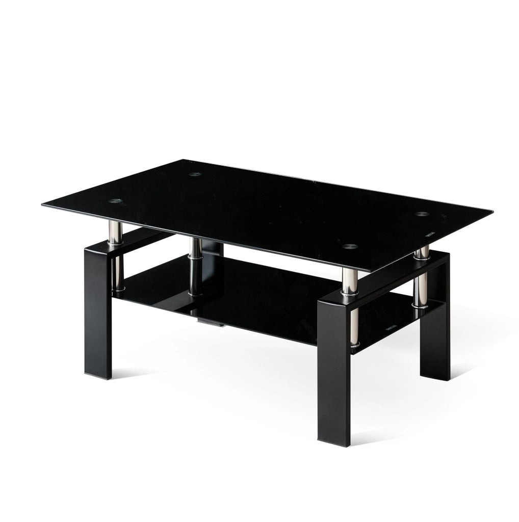 Tavolino da caffè a 2 ripiani in vetro temperato e metallo nero 100x60x44 cm