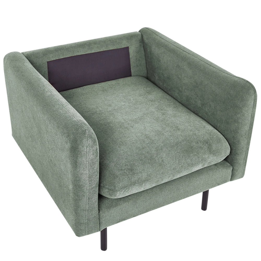 Set da salotto con divano 3 posti e poltrona  imbottita in tessuto ciniglia verde chiaro e gambe nere Stile Retrò Moderno