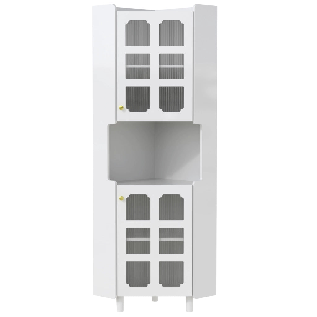Mobile angolare con LED e 3 zone contenitive in MDF laccato bianco per soggiorno e ingresso 63,5 × 157,5 cm