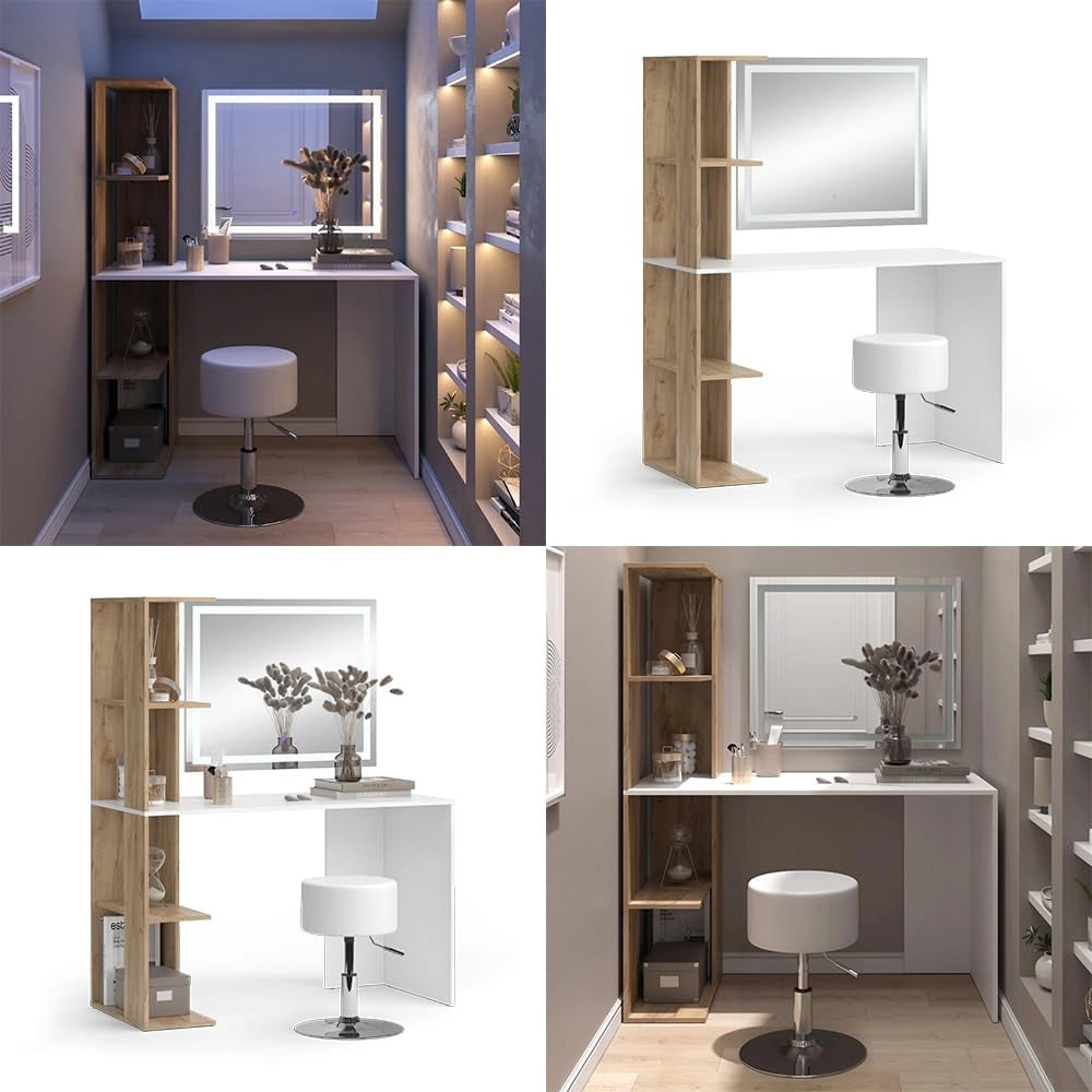 Tavolo da toeletta Tower, Bianco/Sonoma, 122.2 cm con specchio LED e sgabello, Superfici decorative per profumi e oggetti preferiti