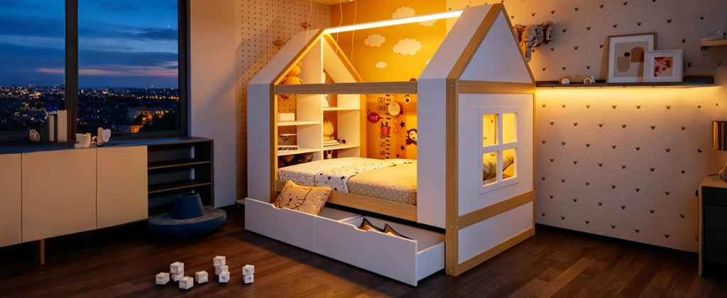Letto a casetta per bambini 90 × 200 cm con 2 cassetti, LED e ripiani laterali, senza materasso, legno massiccio, bianco naturale