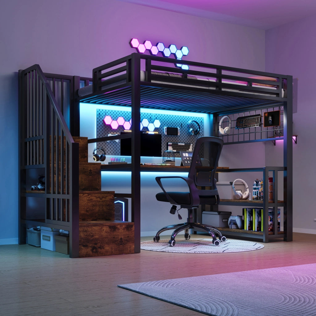 Letto a castello con scrivania LED USB 90x200 metallo nero