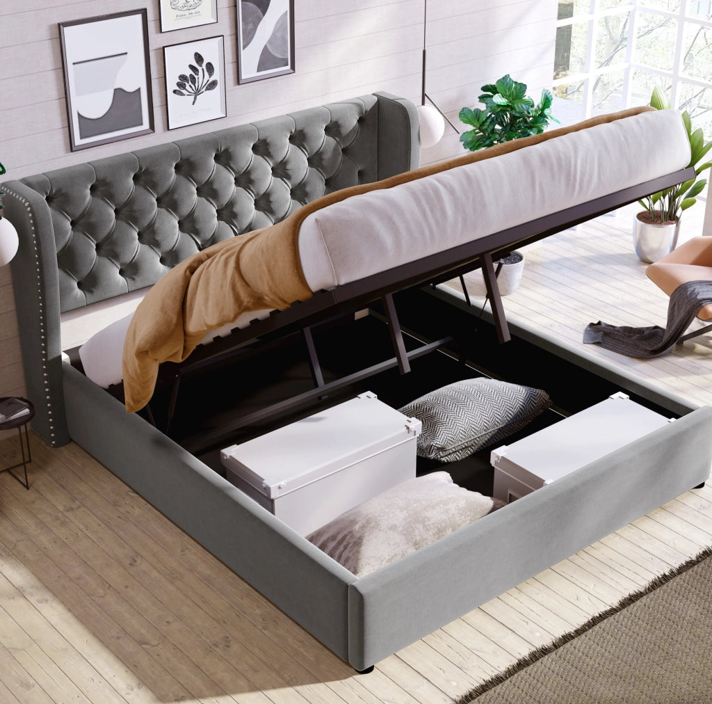 Letto matrimoniale imbottito in velluto grigio 140x200 cm con contenitore e rete a doghe