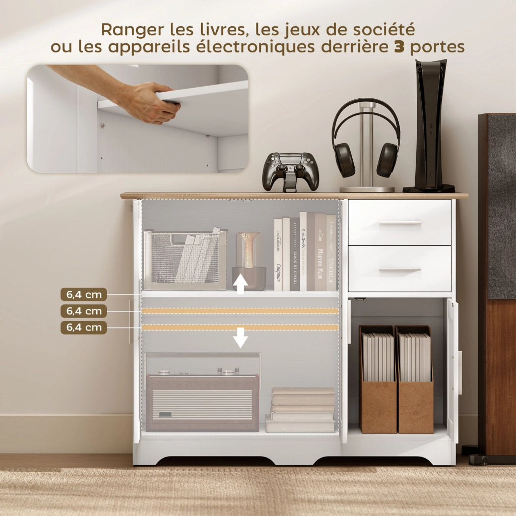 Cassettiera con ante e ripiani ¨C zephmum ¨C bianco e legno naturale 100x40x78