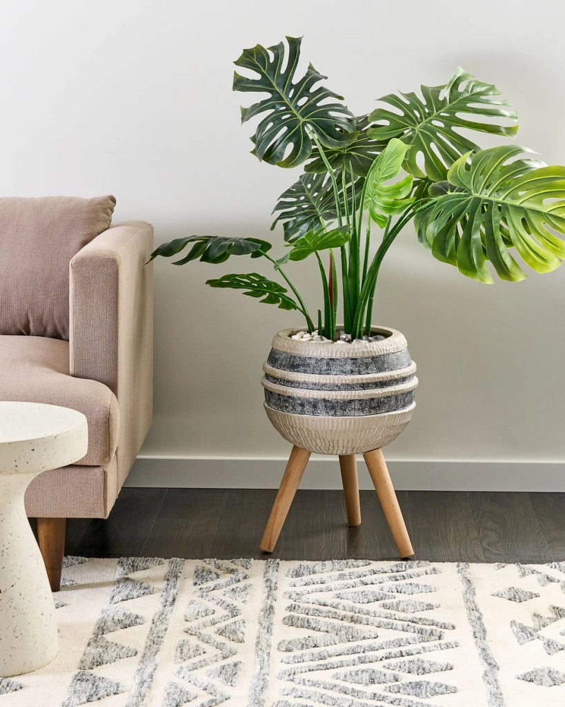 Supporto per piante Beige e grigio Magnesio Base rotonda in legno massiccio Vaso per piante alte