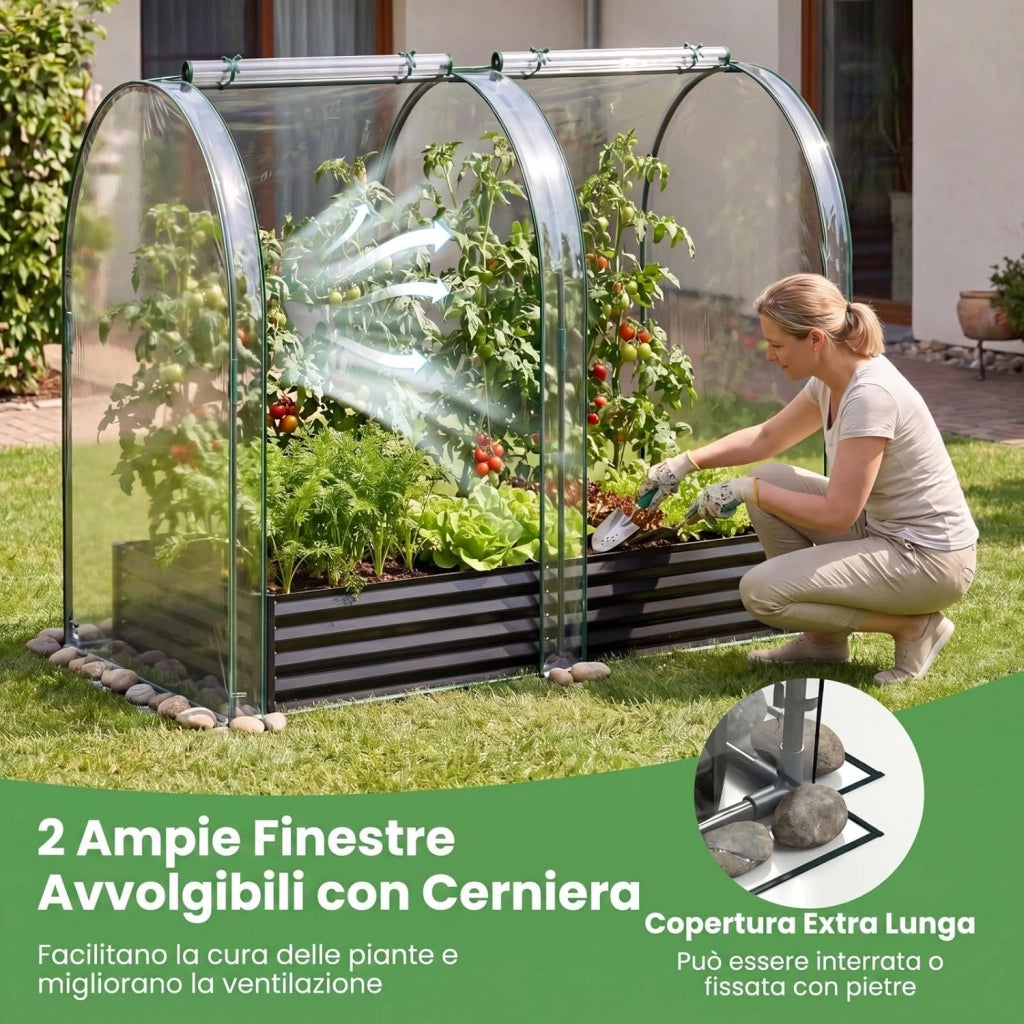 Orto Rialzato da Giardino con Serra, Fioriera da Esterno in Metallo con Copertura Apribile in PVC, Letto Rialzato da Esterno per Giadino, Cortile e Balcone 198 x 100 x 145 cm (Nero)