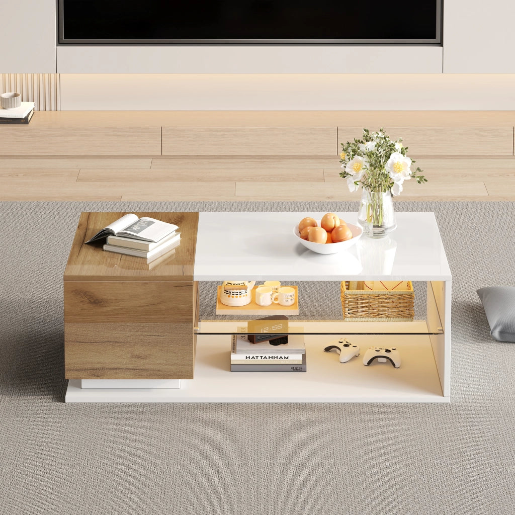 TAVOLO da caffè LED 105x50x36 cm Bianco/Rovere in pannello di legno e vetro