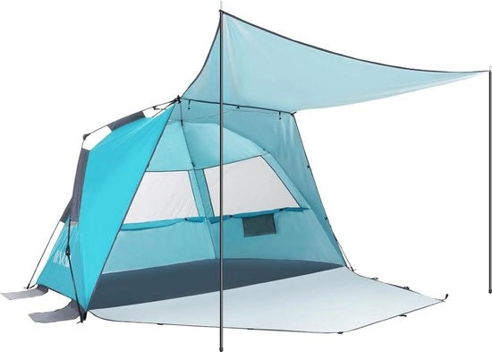 Struttura da tenda con strumenti per pulire i gradini per 3-4 persone con ombrellone solare - protezione UV UPF 50+ e impermeabile - blu