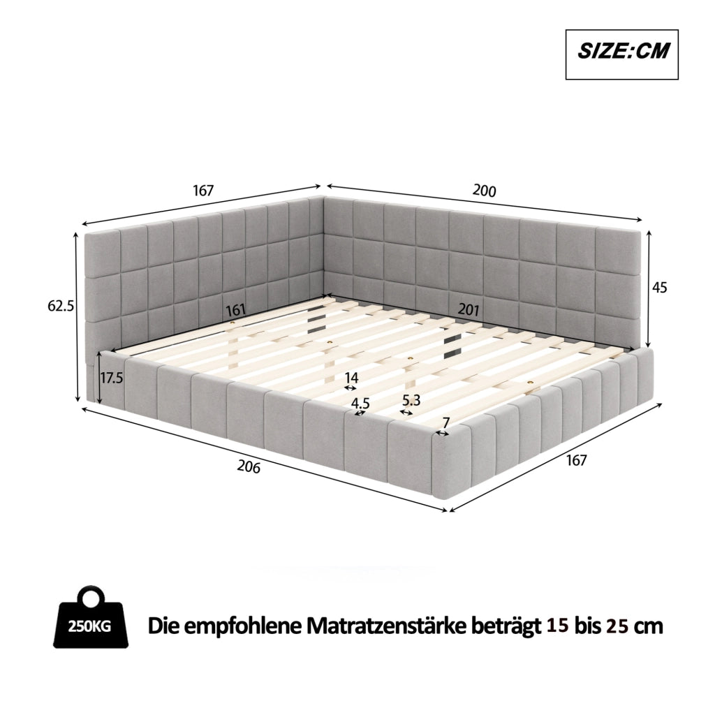 Letto a giorno imbottito in tessuto con rete a doghe; 160x200 cm; grigio