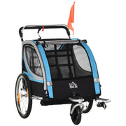 RIMORCHIO BICI PER BAMBINI E PASSEGGINO 2 IN 1 CON CINTURA TASCHE E BANDIERINA BLU