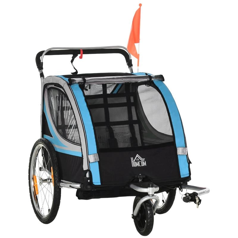 RIMORCHIO BICI PER BAMBINI E PASSEGGINO 2 IN 1 CON CINTURA TASCHE E BANDIERINA BLU