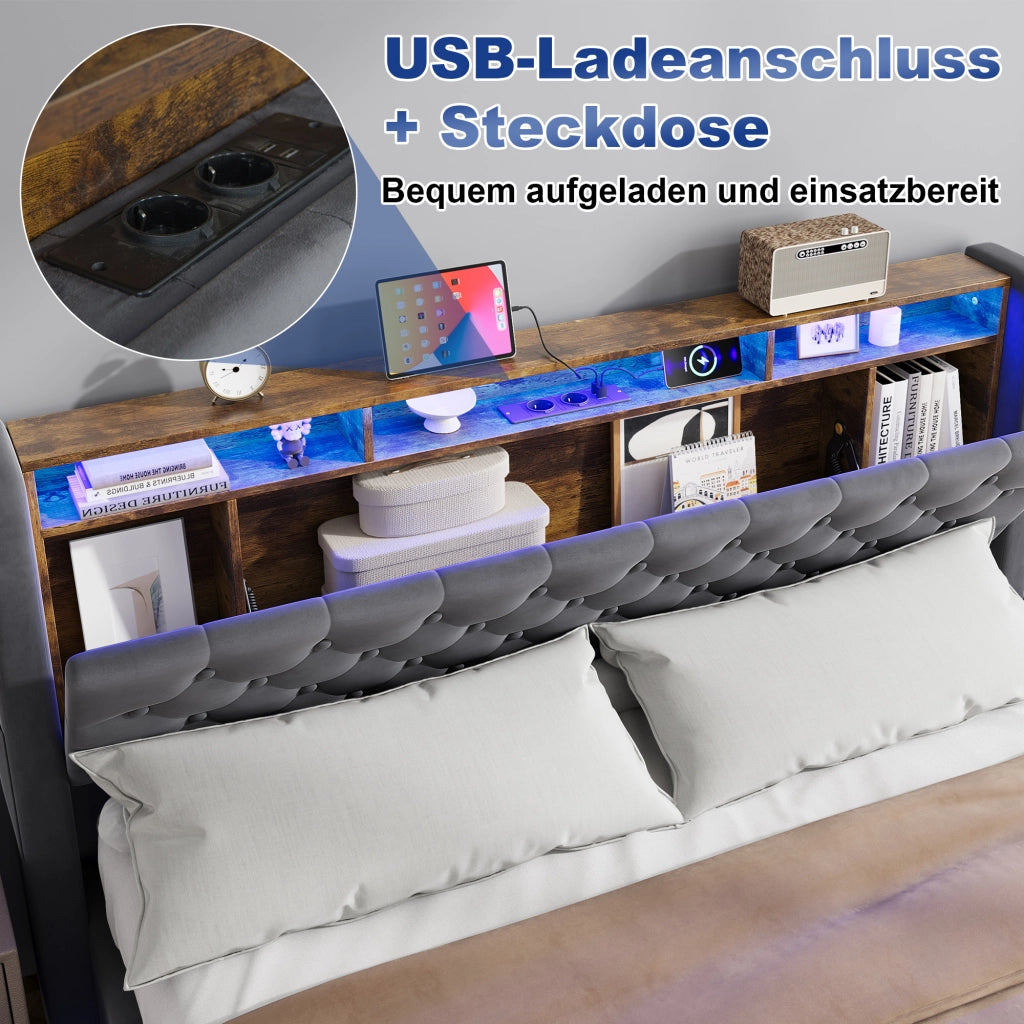 Letto imbottito matrimoniale 160 × 200 cm con contenitore e testiera contenitore in velluto grigio scuro