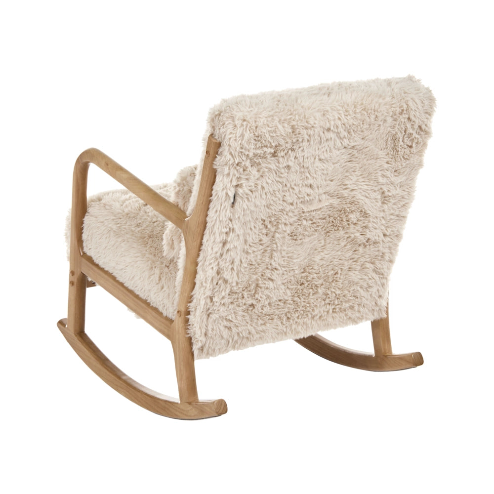 Sedia a dondolo con braccioli e cuscino Gambe in legno di gomma e rivestimento in finta pelliccia beige chiaro Soggiorno classico tradizionale