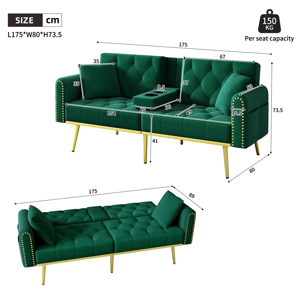 DIVANO LETTO 175x80x73,5 cm in velluto verde con schienale regolabile