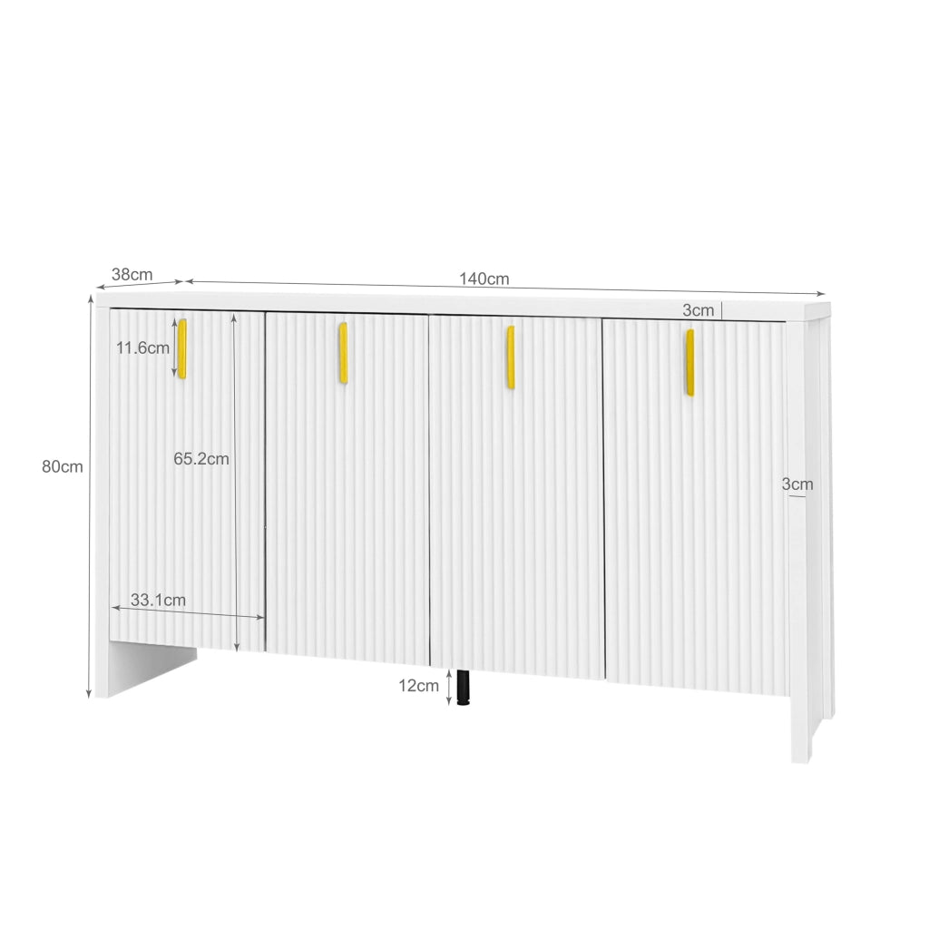 Madia con 4 Ante e Ripiani Regolabili; Maniglie Dorate; Stile Moderno; in Pannelli Truciolari; 140??38??80 cm; Bianco