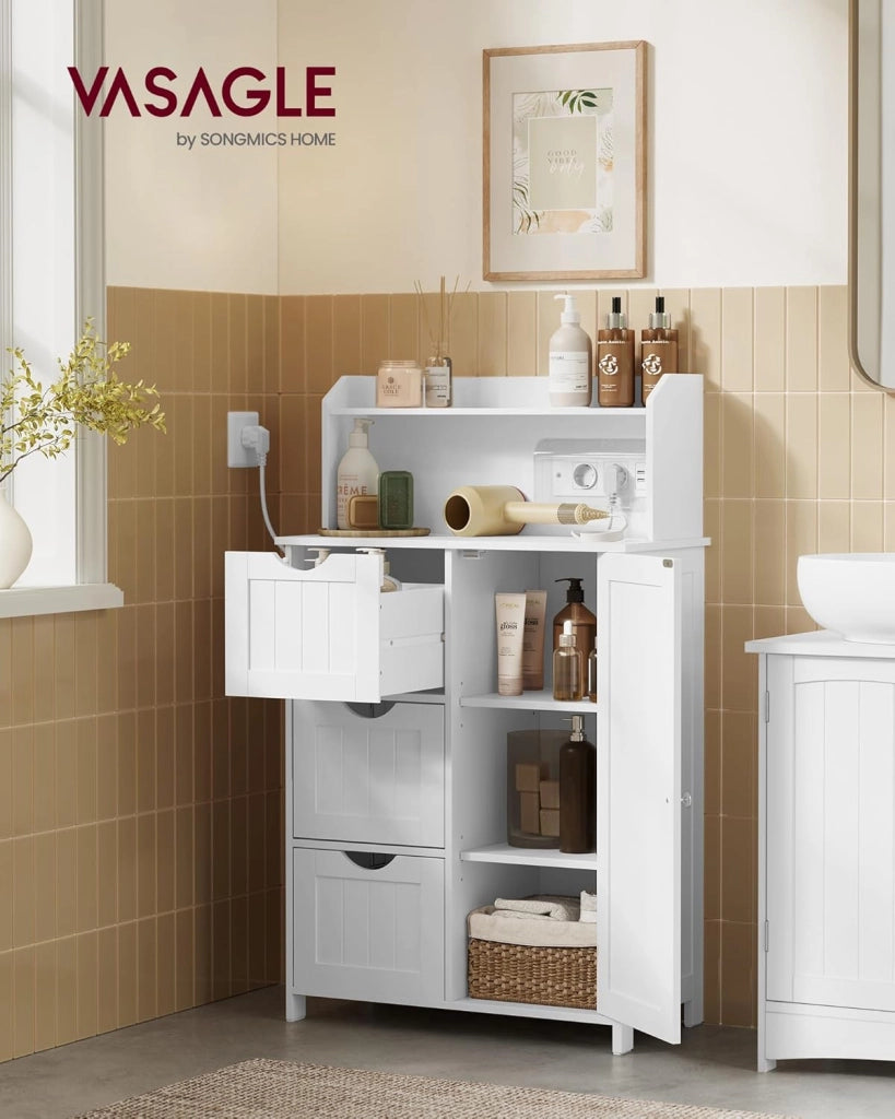 VASAGLE 100 cm di Altezza Mobile Bagno, Mobiletto Bagno con Multipresa, 3 Cassetti, 1 Anta, 2 Ripiani Regolabili, Armadietto per Sala da Pranzo, Cucina, Soggiorno, Bianco Nuvola BBC775W03