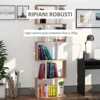 Scaffale Libreria a 5 Ripiani Suddivisi, Libreria Salvaspazio a Forma di S in Legno, Scaffale Divisorio per Soggiorno, Camera da Letto e Ufficio, 60x24x184.5 cm, Color Legno e Bianco