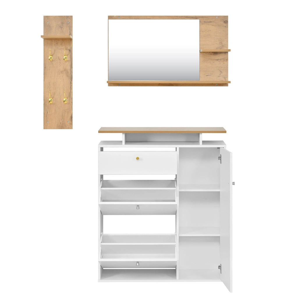 Mobile ingresso con specchio; LED e ganci - in truciolare - 105×25×151.5 cm - bianco