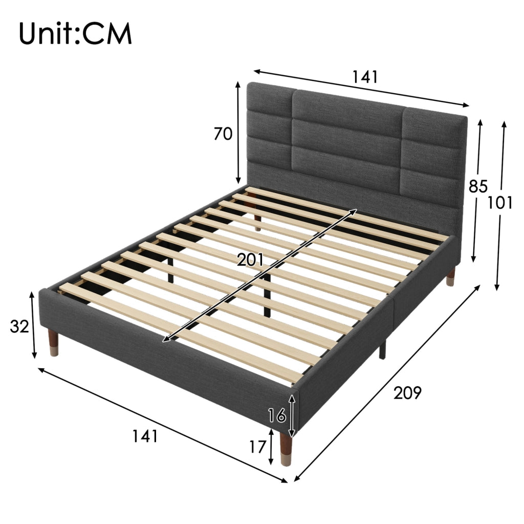 Letto matrimoniale 140x200 cm con rete e testiera imbottita legno grigio (Senza materasso)