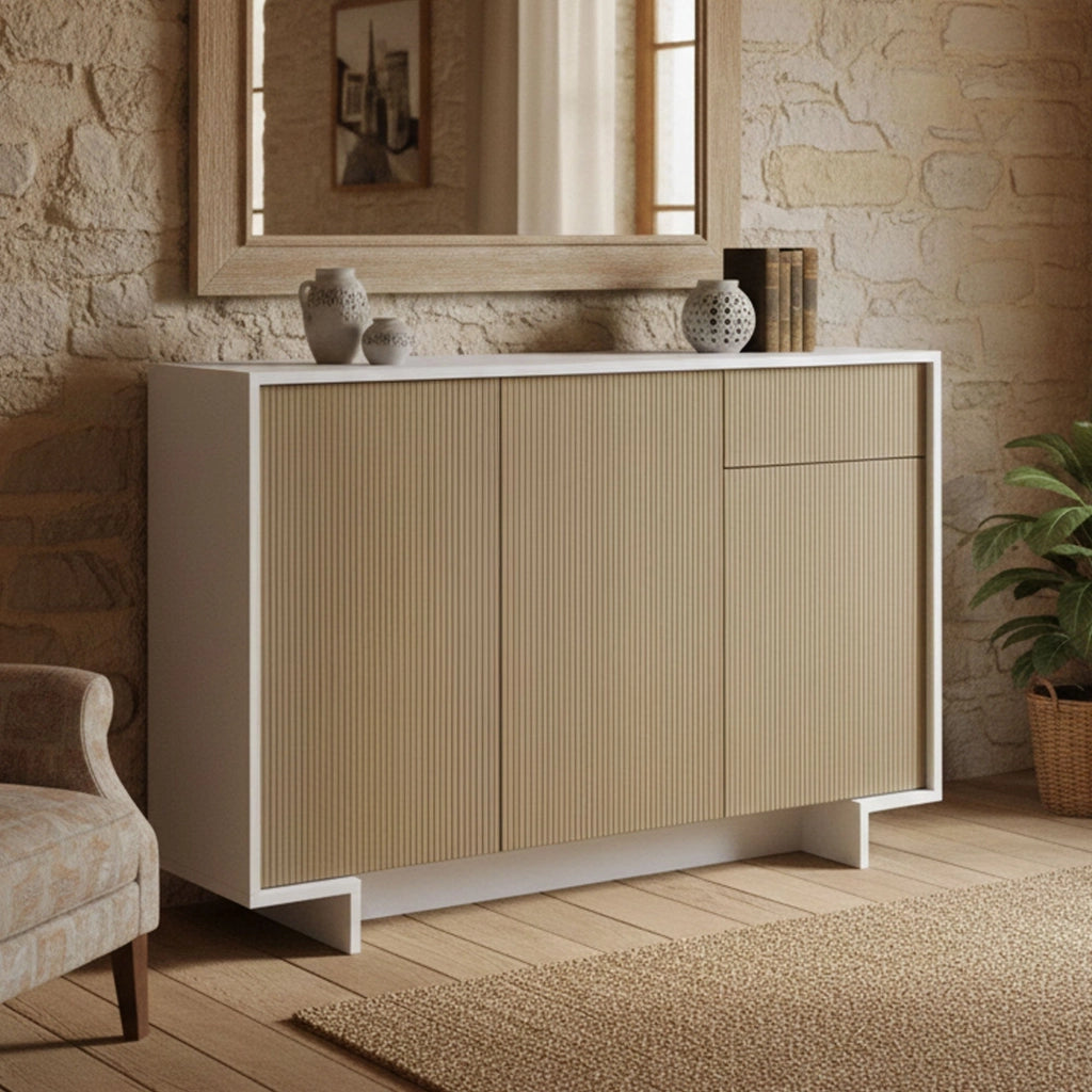 Credenza Arius, Madia da salotto, Buffet da soggiorno a 3 ante e 1 cassetto, 100% Made in Italy, 134x35h87 cm, Bianco e Beige