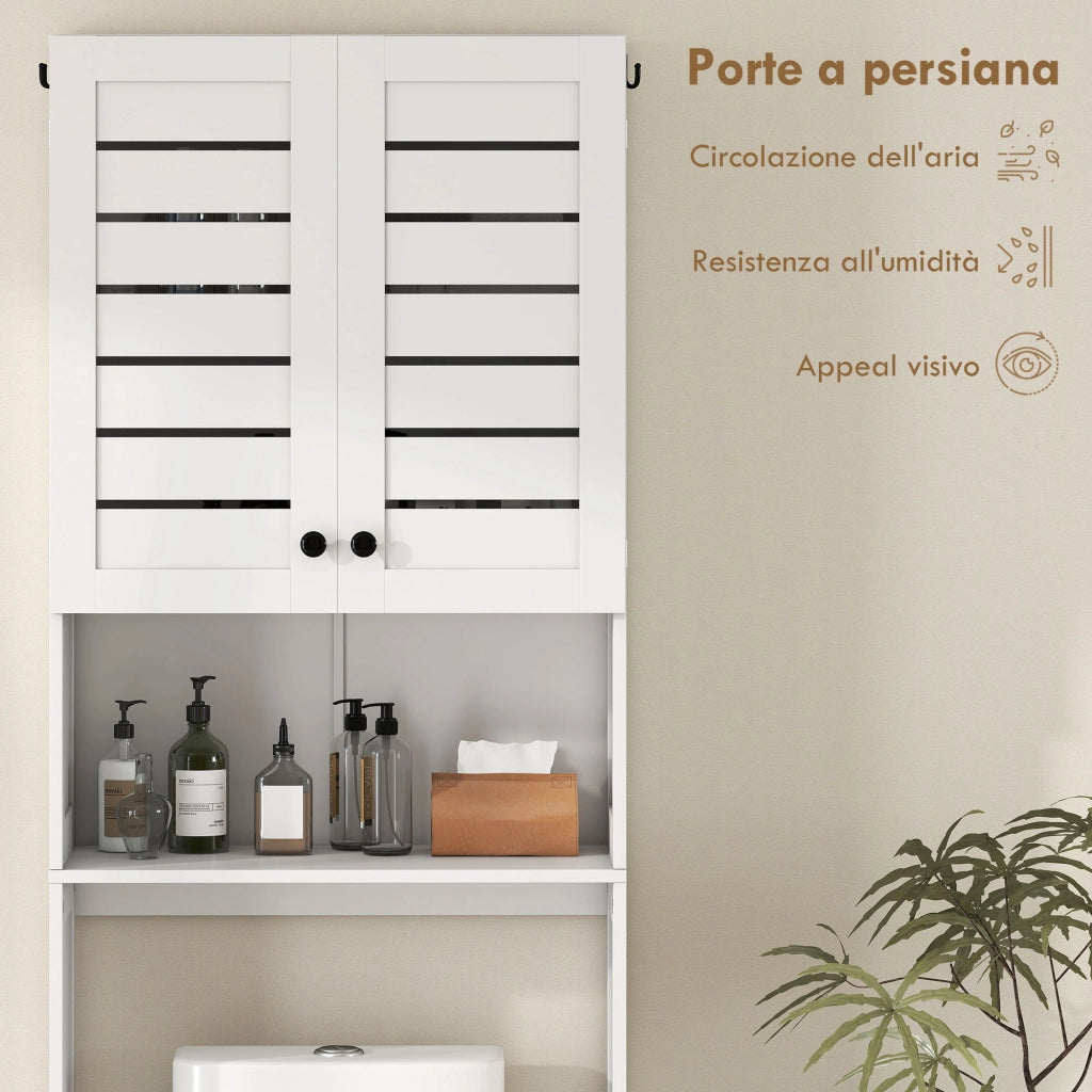 Mobile Sopra WC con Armadietto a 2 Ante e Ripiano Aperto. in Legno Bianco. 67x31.5x190 cm