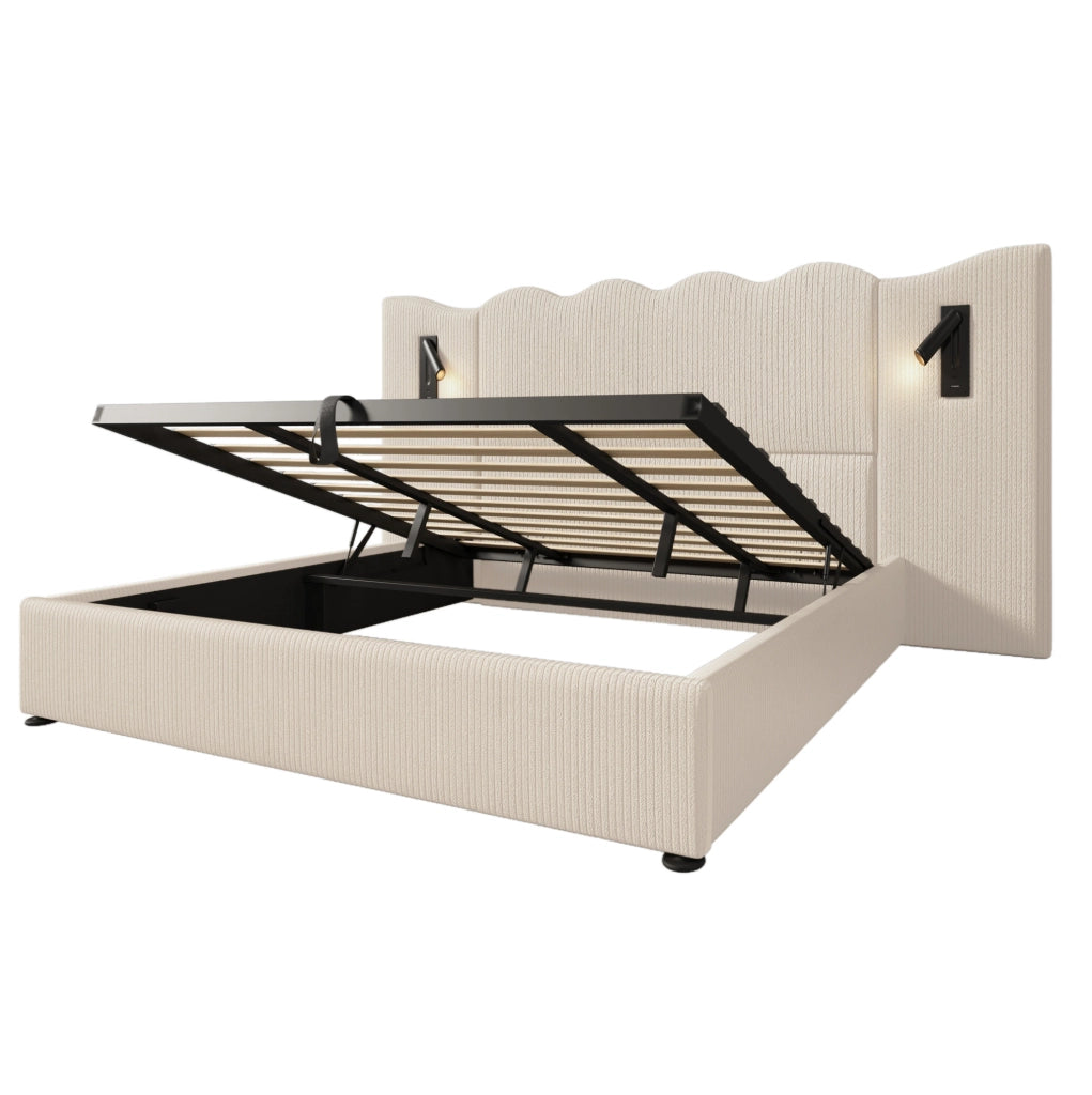 Letto matrimoniale 180x200 cm in tessuto corduroy beige e bianco con luce da lettura; USB e contenitore