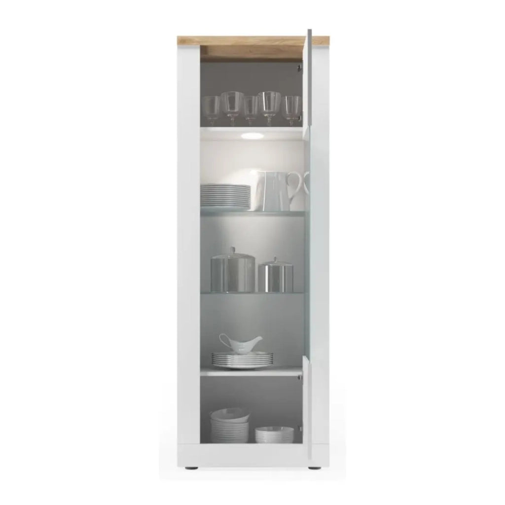 Vetrina SASHA – 1 porta e LED integrato – Bianco laccato e Rovere Cadiz
