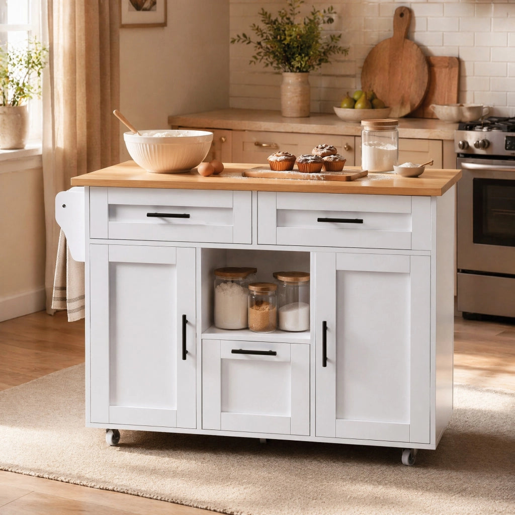 Carrello cucina bianco con ruote girevoli, vassoio pieghevole, cassetti e ripiani regolabili 120x46/71x90 cm