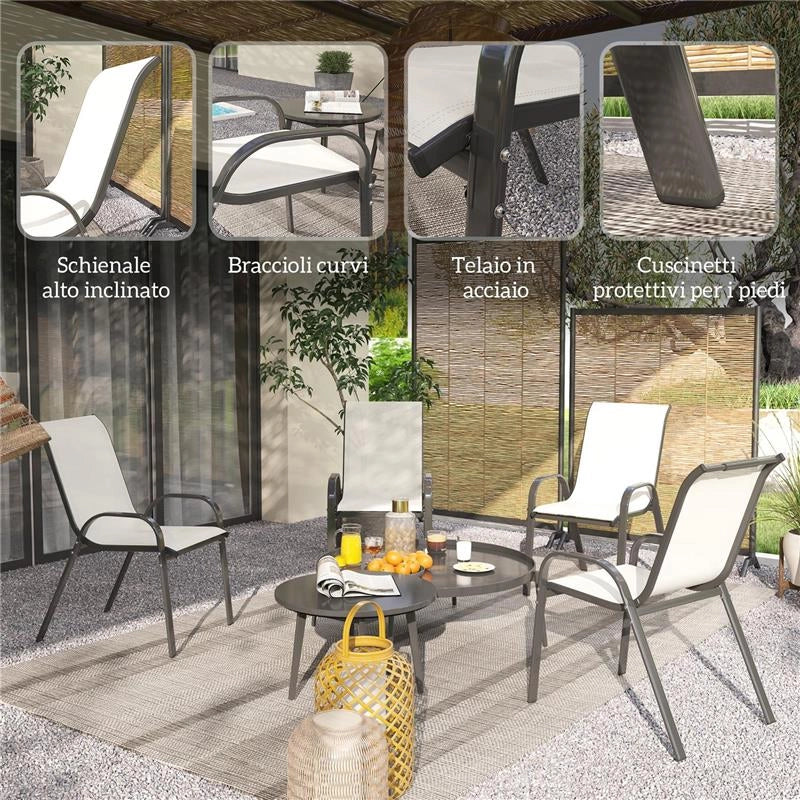 SET 4 SEDIE DA GIARDINO IMPILABILI CON BRACCIOLI CURVI, IN ACCIAIO E TESSUTO TRASPIRANTE, 54X71X93 CM, BEIGE