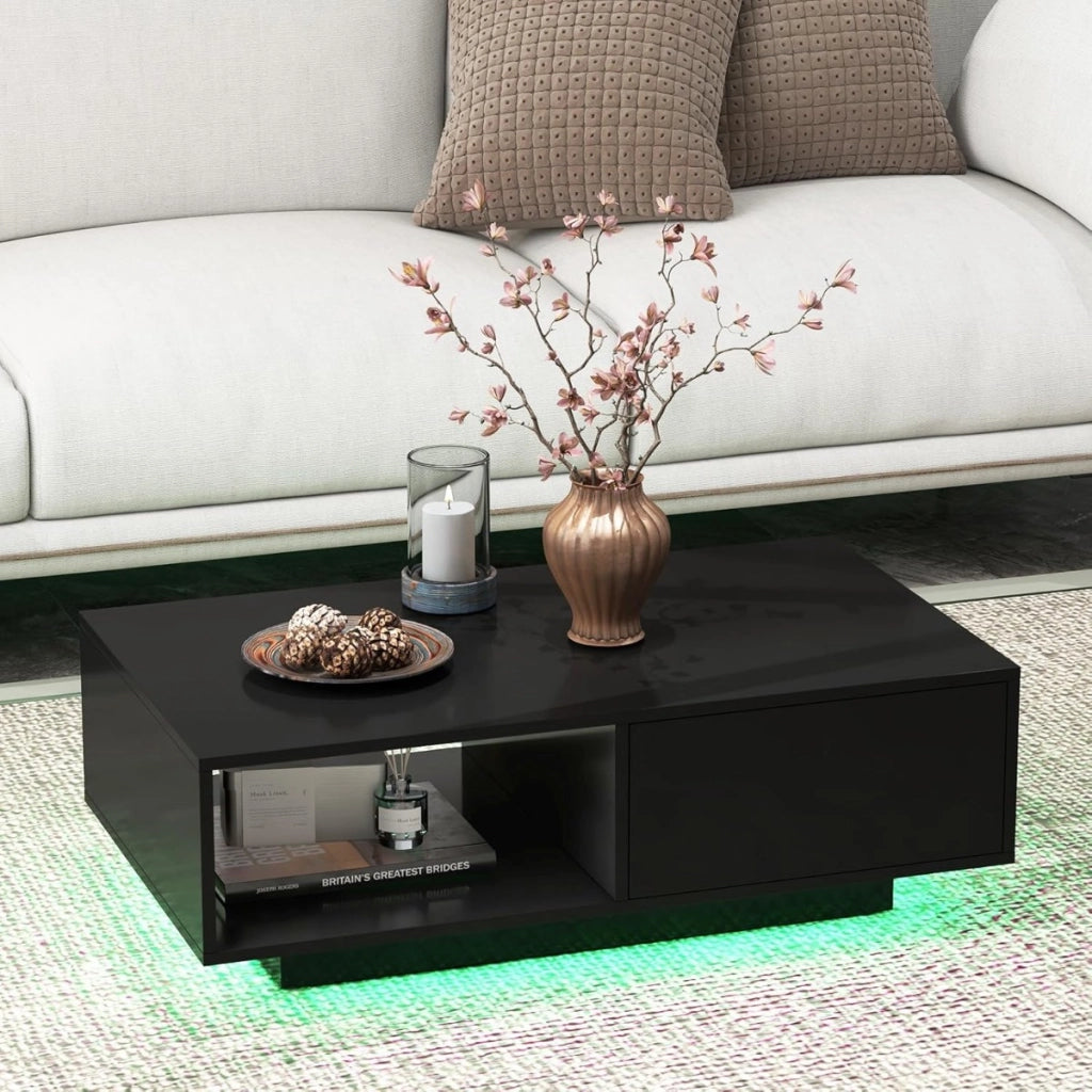 Tavolino centrale moderno ad alta lucentezza con scomparto aperto e cassetto, Tavolino basso con luci e telecomando Nero