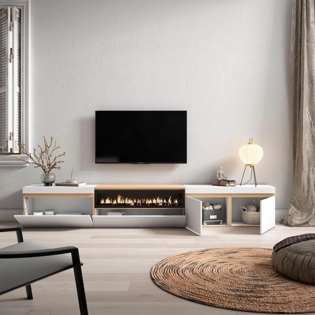 Mobile TV Soggiorno, 288x45x35 cm, TV di grande formato, Camino elettrico, Bianco e Rovere soft
