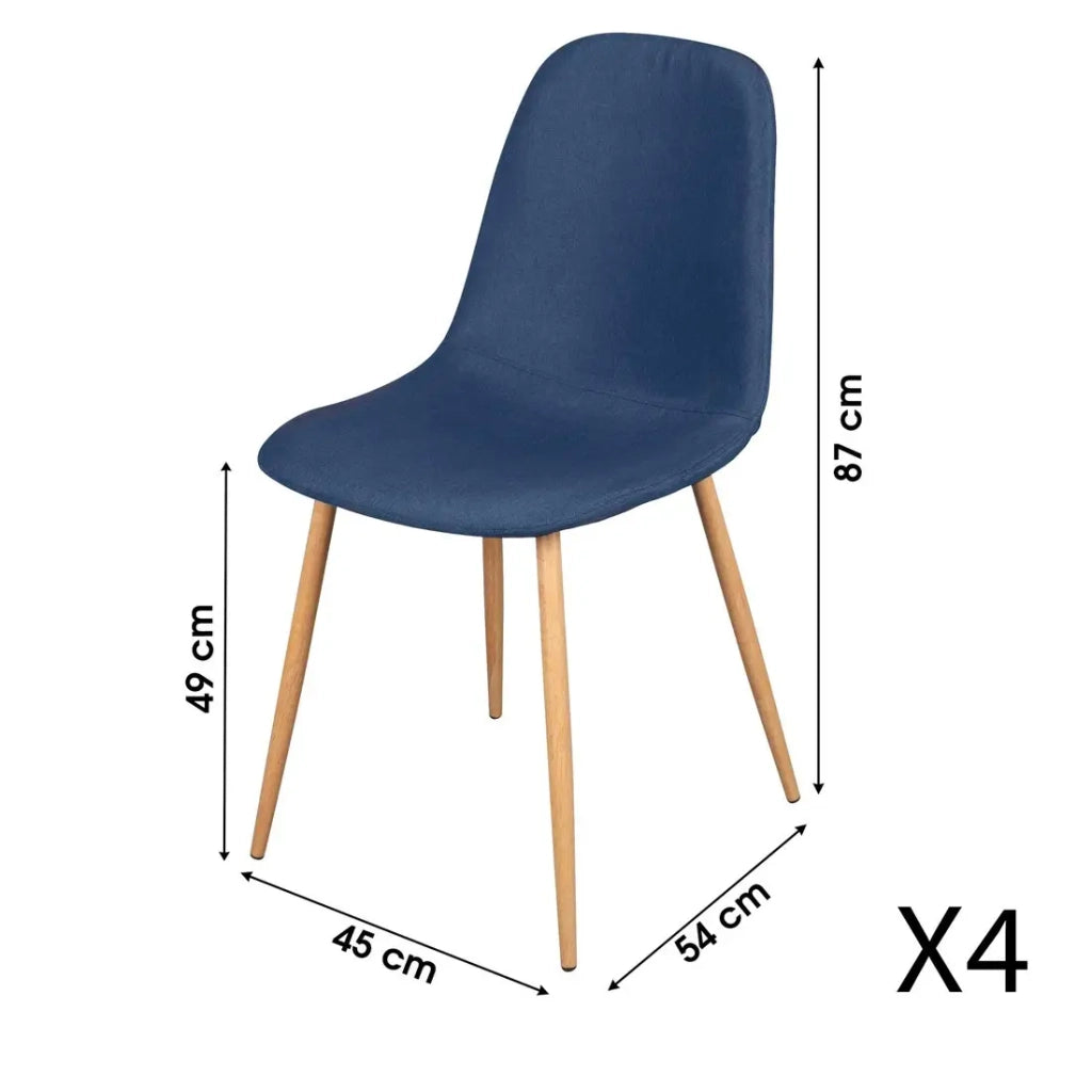 Set di 4 sedie in tessuto blu con gambe in metallo effetto legno – 45x87x54 cm, altezza della seduta 49 cm – Collezione NORDICA