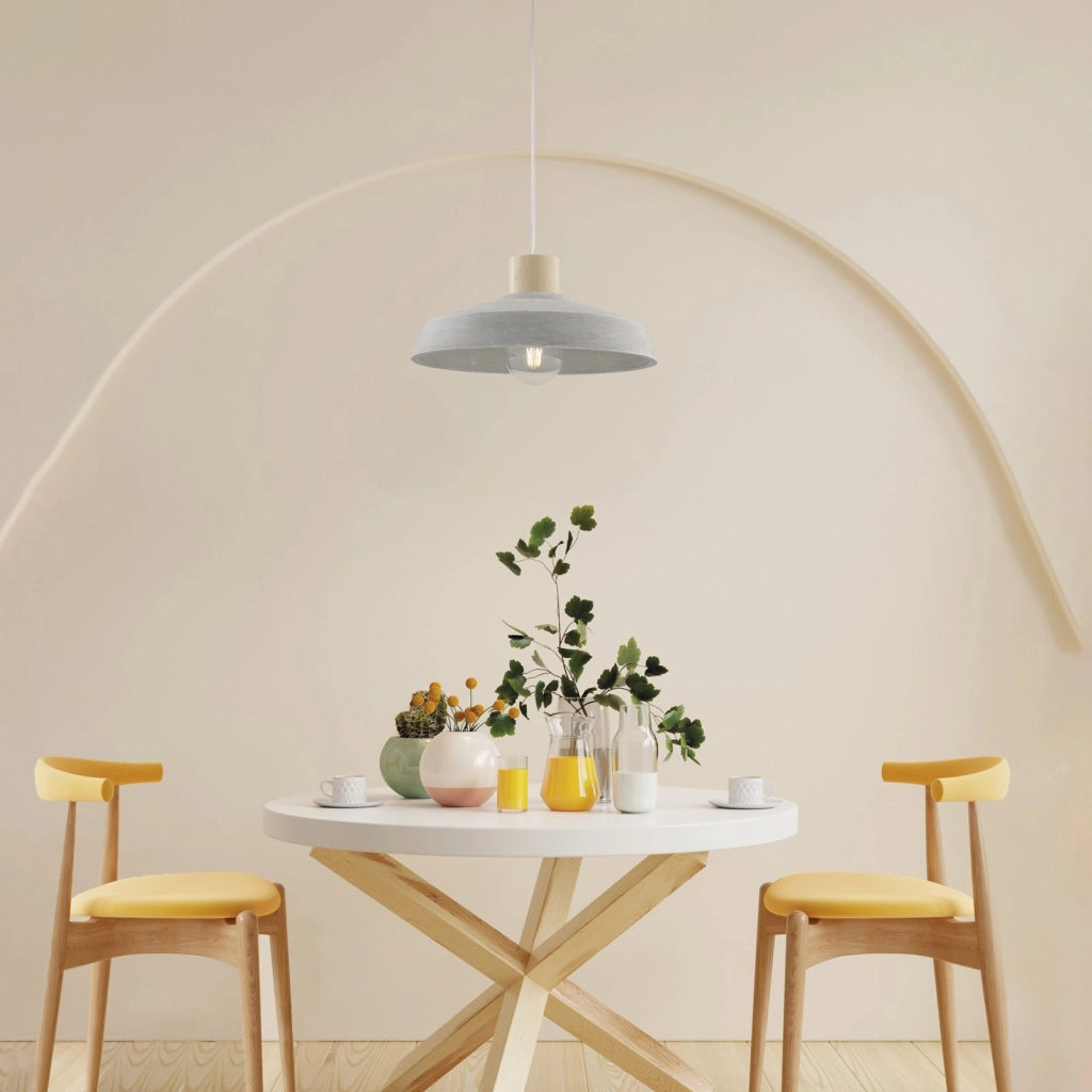 Sospensione in ferro laccato grigio con diffusore in cemento diametro 40 e legno con cavo elettrico regolabile 1 luce