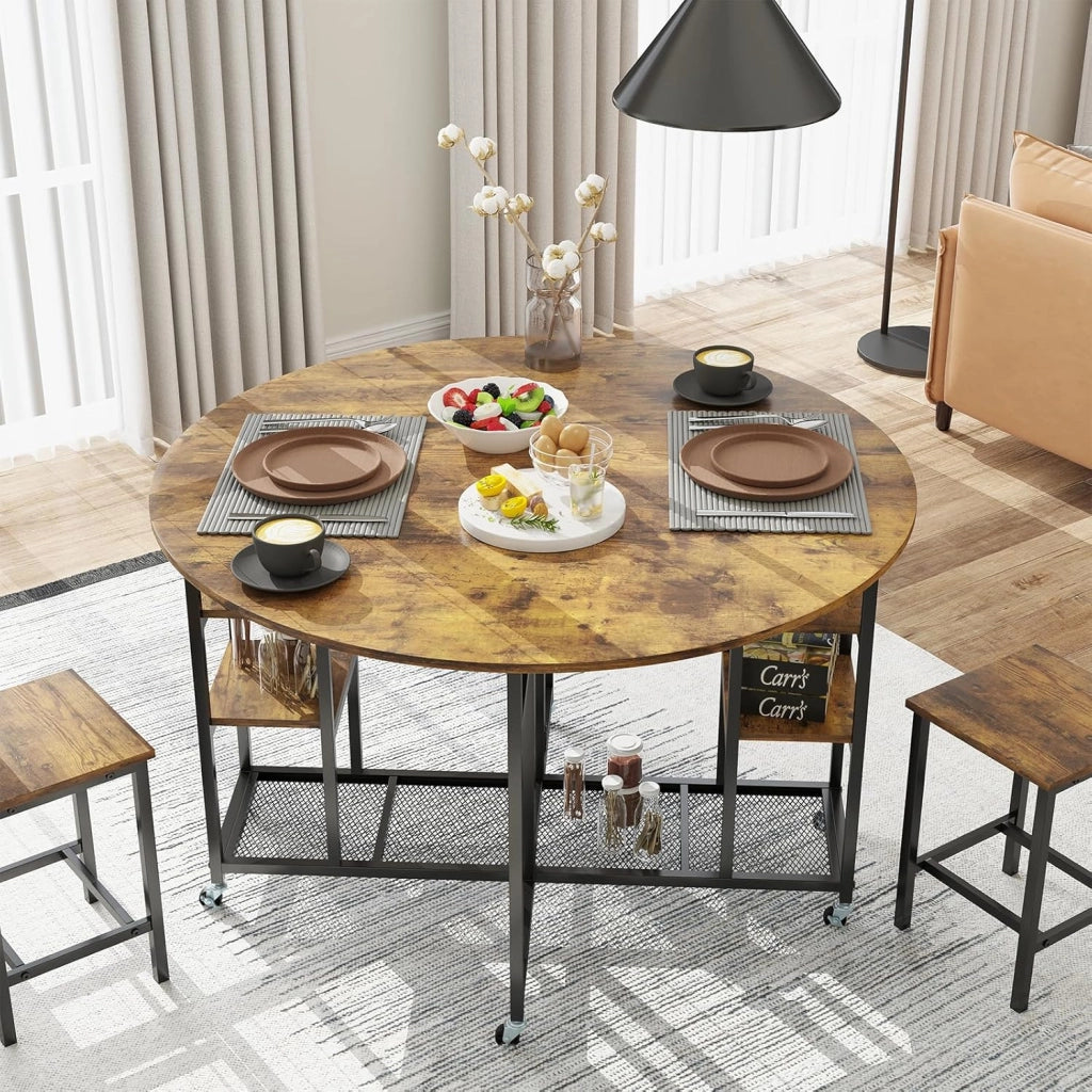 Set da Pranzo Pieghevole a 3 Pezzi, Tavolo da Cucina Rotondo con Ampio Piano e 2 Sgabelli, Scaffali e 6 Ruote Universali, Tavolo da Pranzo per Soggiorno, Sala da Pranzo e Cucina