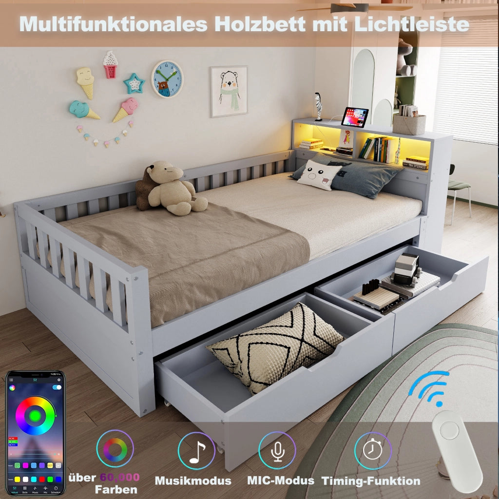 Letto singolo 90 × 200 cm con cassetti, ripiani, illuminazione led, prese usb e type-c, senza materasso, grigio