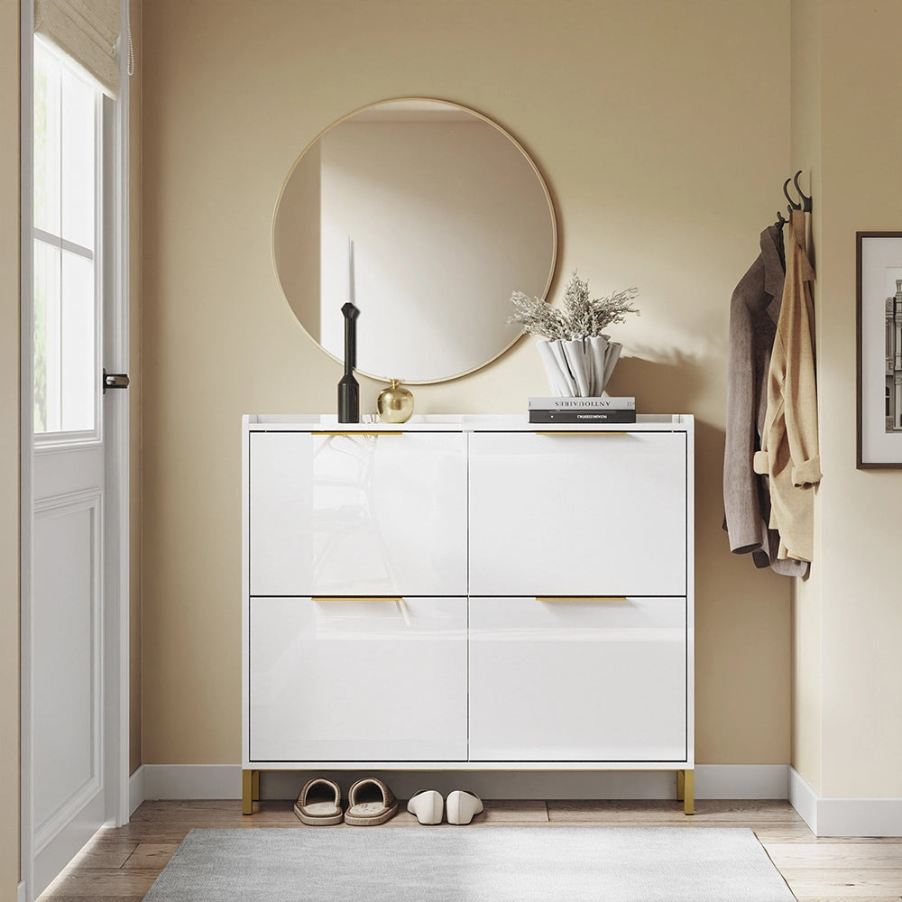 SoBuy FSR206-GW Scarpiera Salvaspazio Slim Ingresso - Mobile Scarpiera Bianca con 4 Ante a Ribalta, Profondità 19 cm, Design Nordico con Finitura Lucida e Maniglie Dorate, 100x19x90cm
