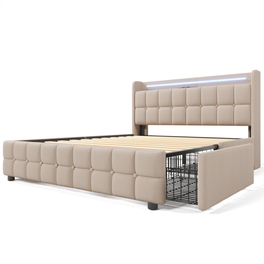 Letto imbottito con USB - Zephmum- 140x200 cm - Beige - LED, 4 cassetti