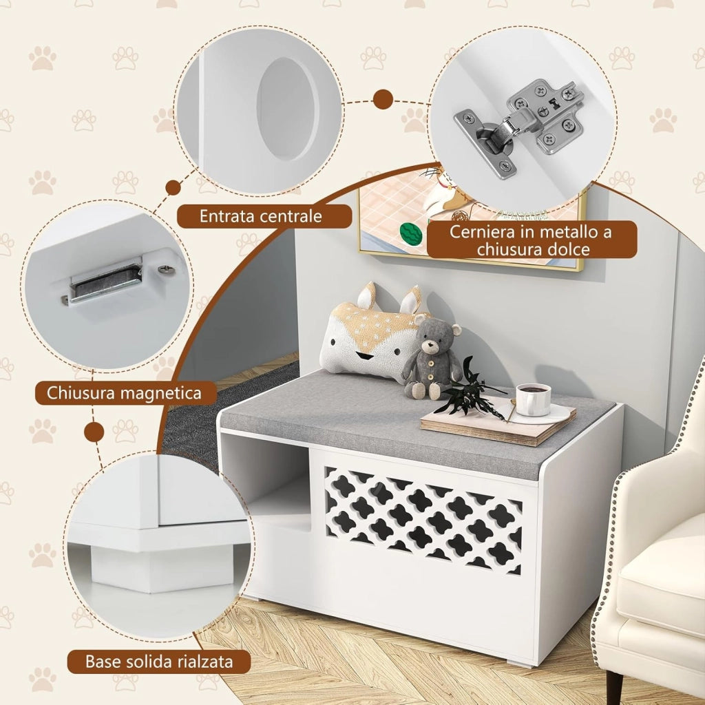 Mobile per Lettiera per Gatti, Panca per Lettiera per Gatti, Mobile Contenitore con Cuscino Rimovibile per Gatti da Interno, Bianco, 90 x 48,5 x 52 cm