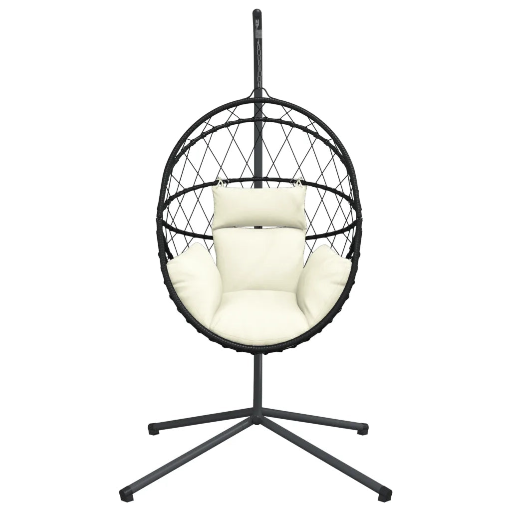 Sedia a Uovo Sospesa con Supporto Beige in Polyrattan e Acciaio