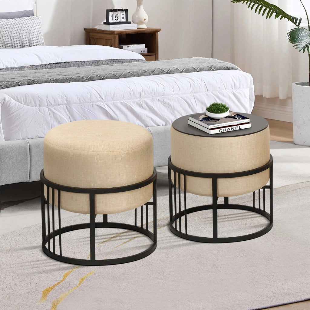 Set 2 Pouf TAS Reversibili Impilabili Seduta Imbottita e Piano Rigido Circolare 38xØ38 cm Beige [en.casa]