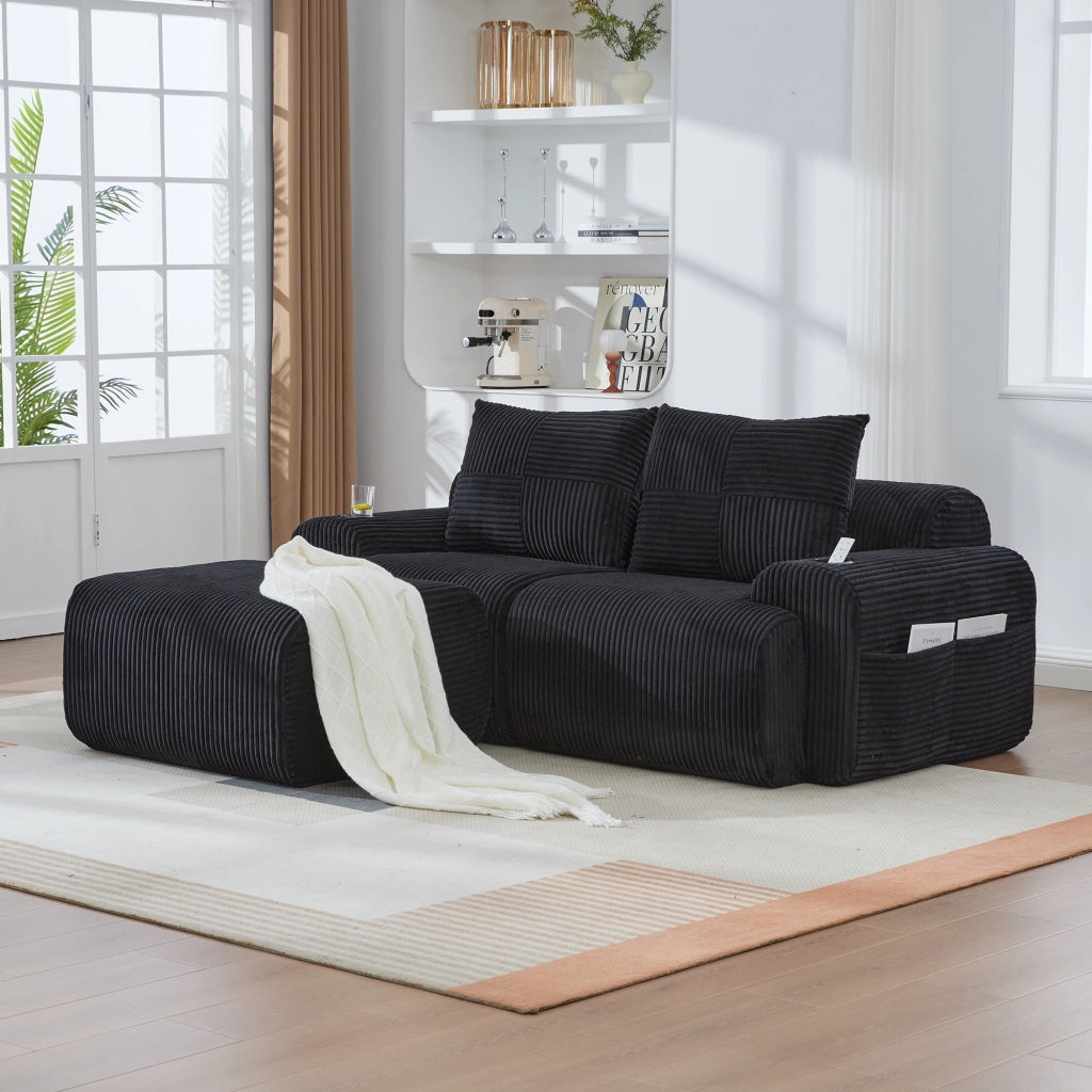 Divano modulare 2 posti con pouf, portabicchieri e tasca laterale in tessuto corduroy nero 200 × 174 × 80 cm